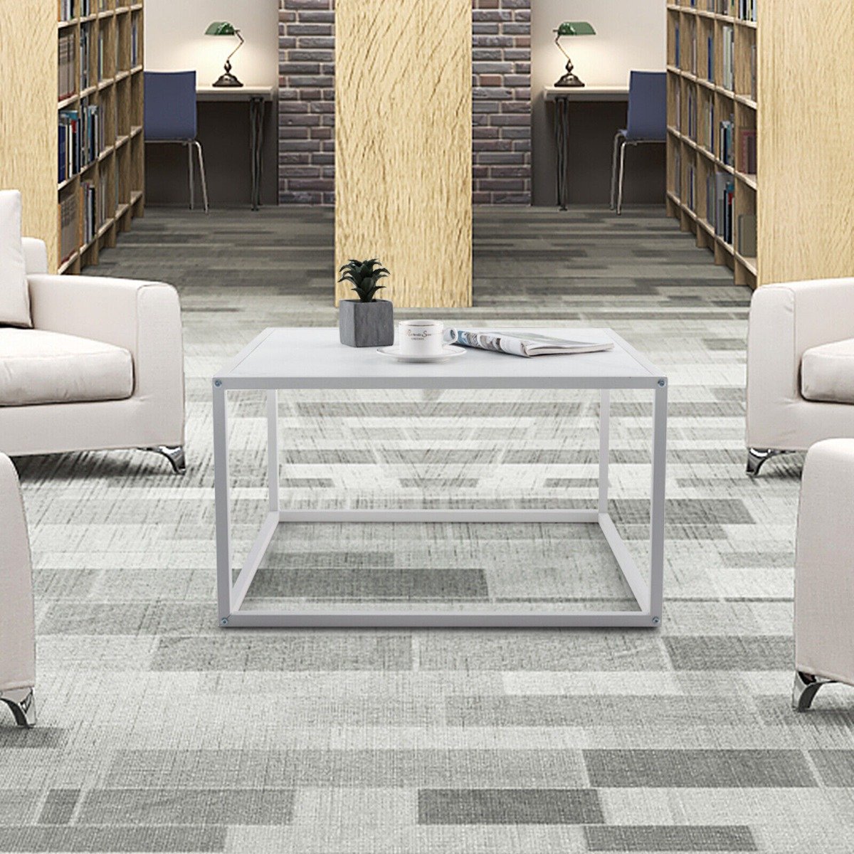 Modern Square Leisure Coffee Table with Faux Marble Tabletop-White