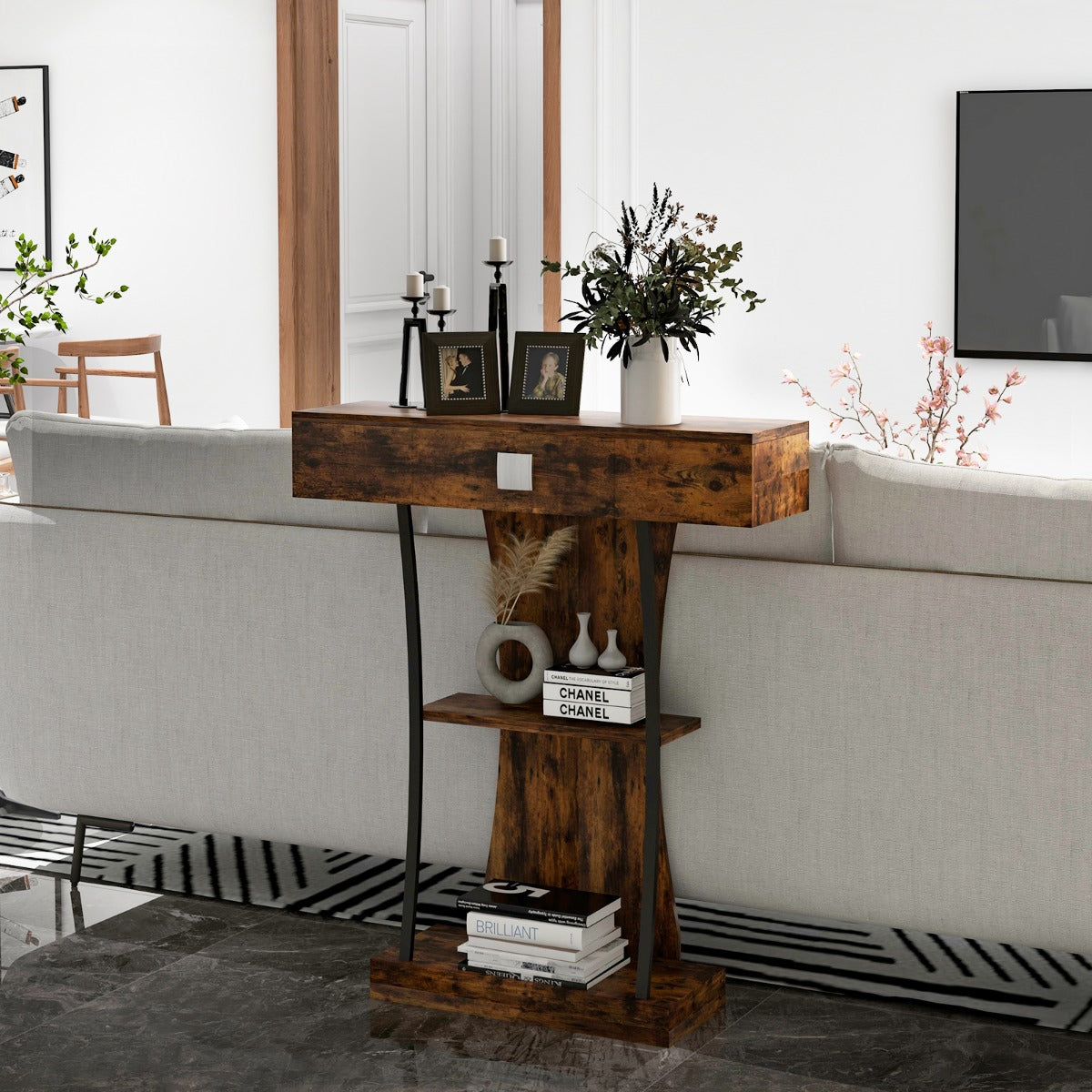 T-Shaped Console Table for Small Space-Brown