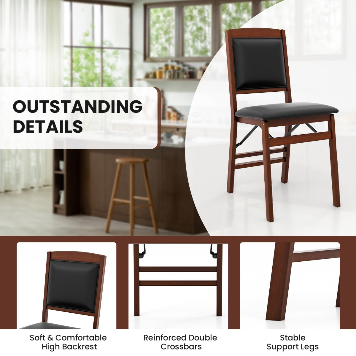 Dining Chair Set of 2 with Padded Seat and Soft Backrest-Brown