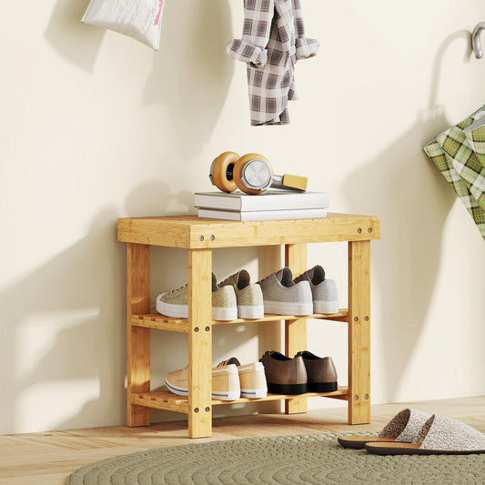 HOMCOM Two Shelf Bamboo Shoe Storage Bench - Natural Finish