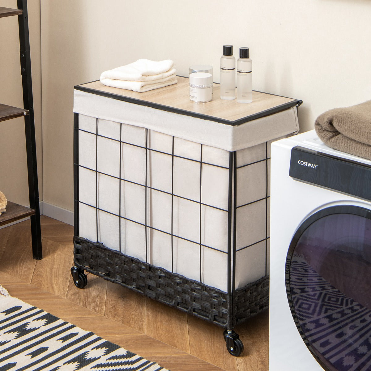 110L/130L Large Capacity Handwoven Rattan Laundry Basket with Lid and Lockable Wheels-L