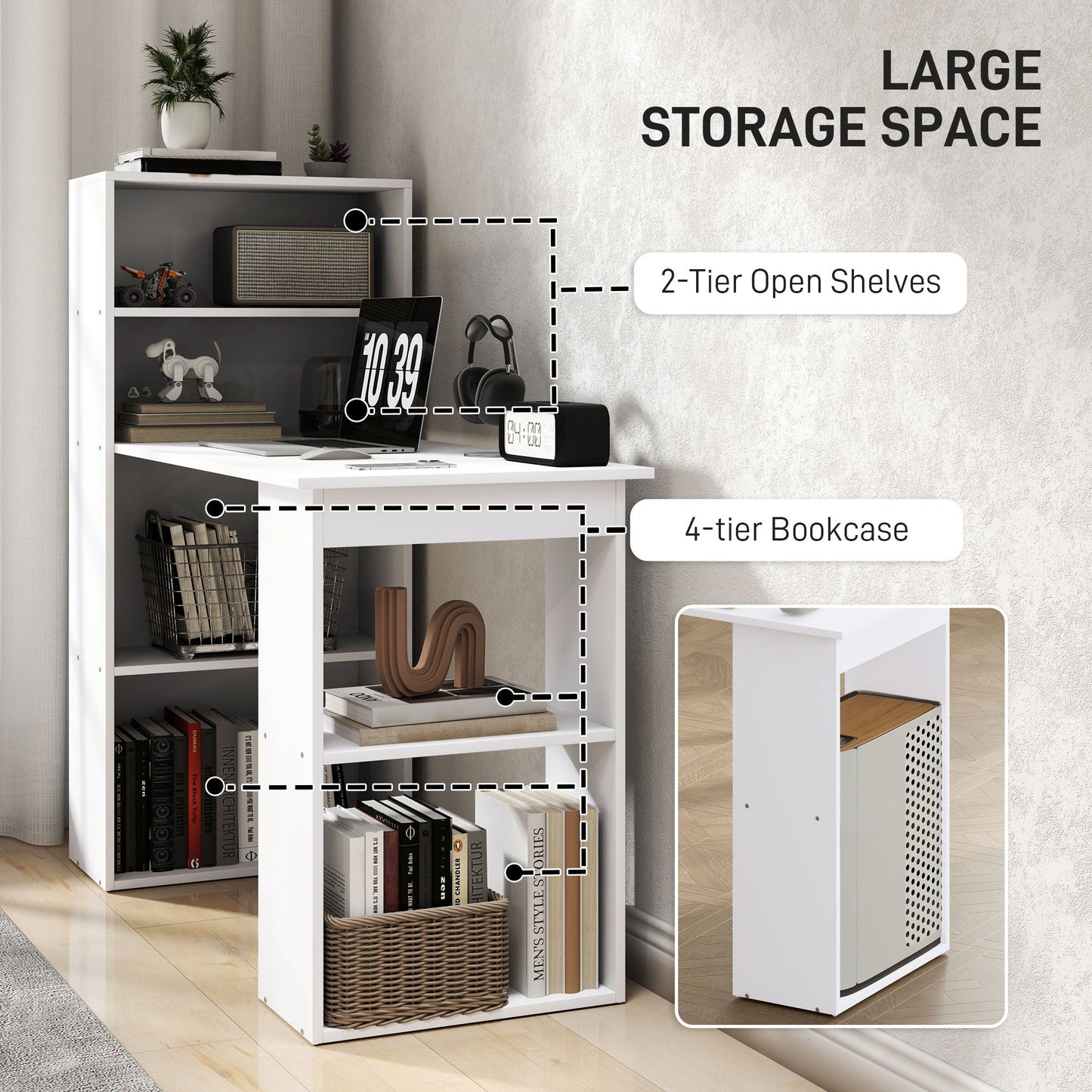 HOMCOM 120cm Computer Desk, Wooden PC Laptop Table with 6-Tier Storage Bookshelves, Home Office Working Study Desk, Writing Workstation, White