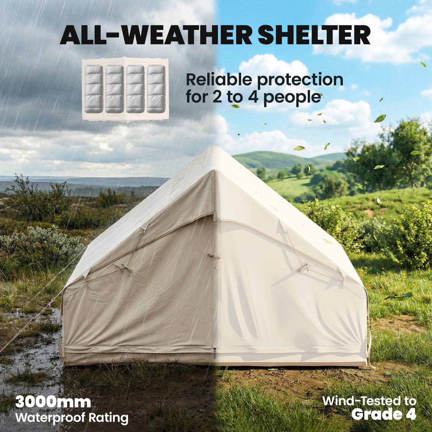 Outsunny Inflatable Tent Waterproof for Camping Blow Up Tent with Pump Carry Bag for 2-4 Person, Beige