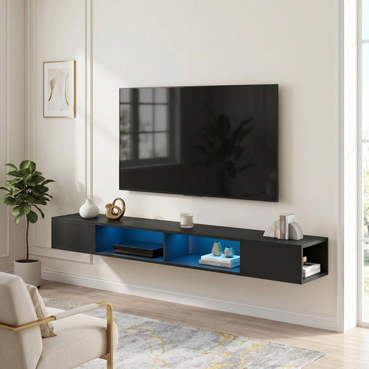 HOMCOM Wall Mounted TV Stand with RGB LED Lights, Floating Entertainment Centre for 75 Inch TV, Black