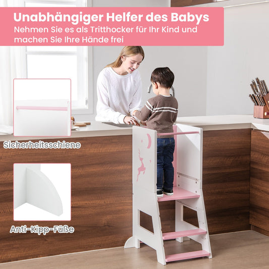 Toddler Kitchen Stool Helper Baby Standing Tower with Chalkboard and Whiteboard-Pink