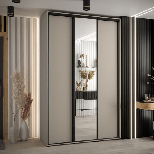Modern wardrobe with mirror doors in a stylish room setting.