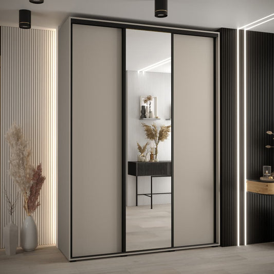 Modern wardrobe with sliding mirror door in a stylish room.