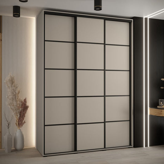 Modern sliding wardrobe with geometric design in a stylish room.