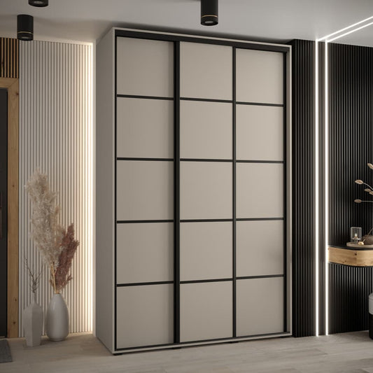 Modern sliding wardrobe door with geometric design in a stylish room setting.