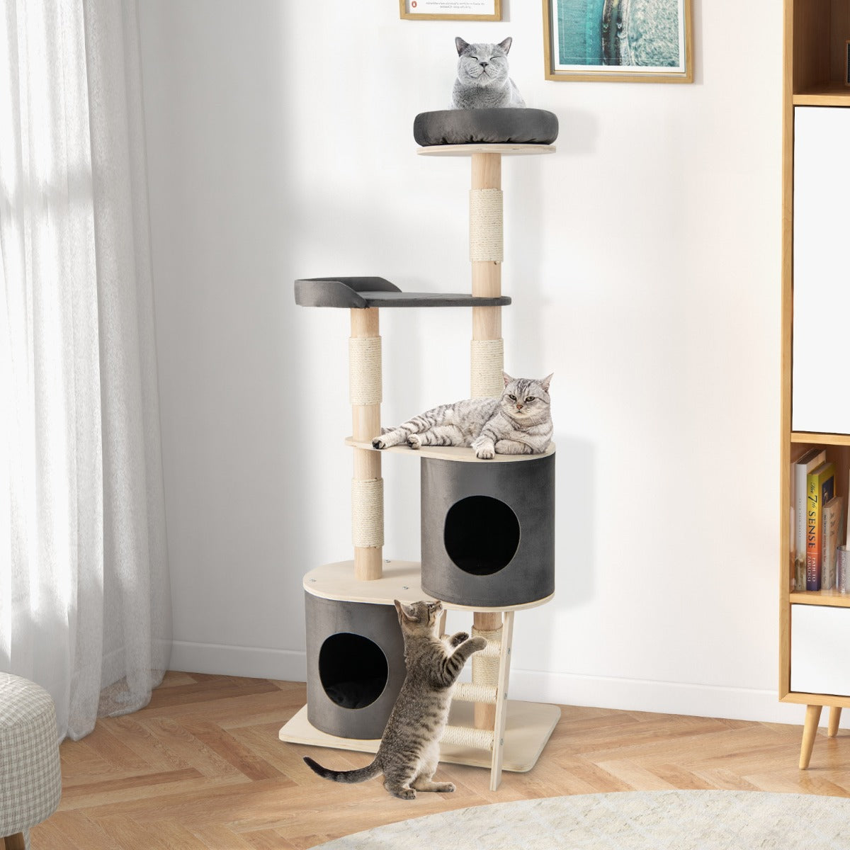 Multi-level Cat Furniture with 2 Cozy Condos-Grey