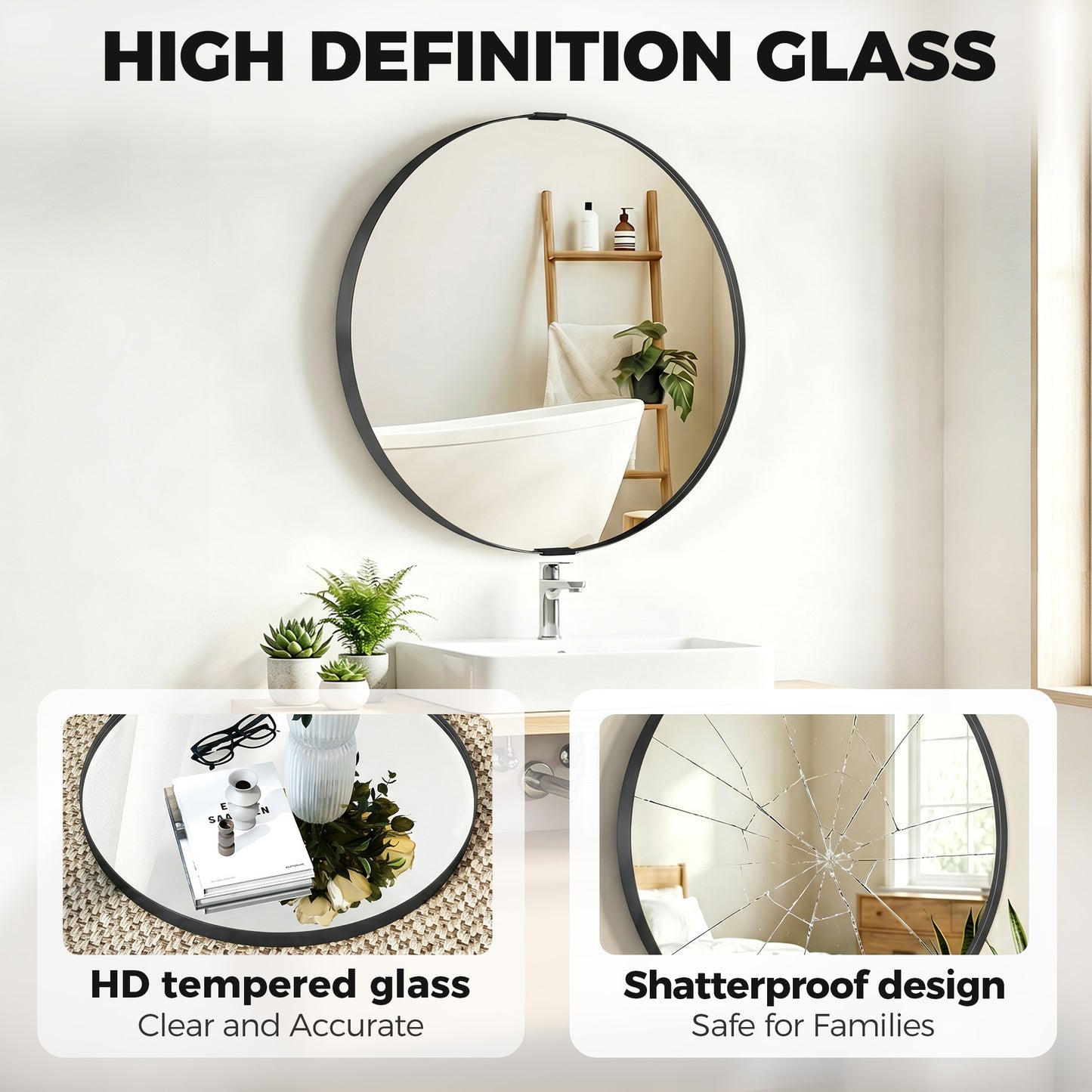 HOMCOM Round Wall Mirror 61 cm, Wall Mounted Bathroom Mirror with Tempered Safety Glass and Aluminium Alloy Frame, Black