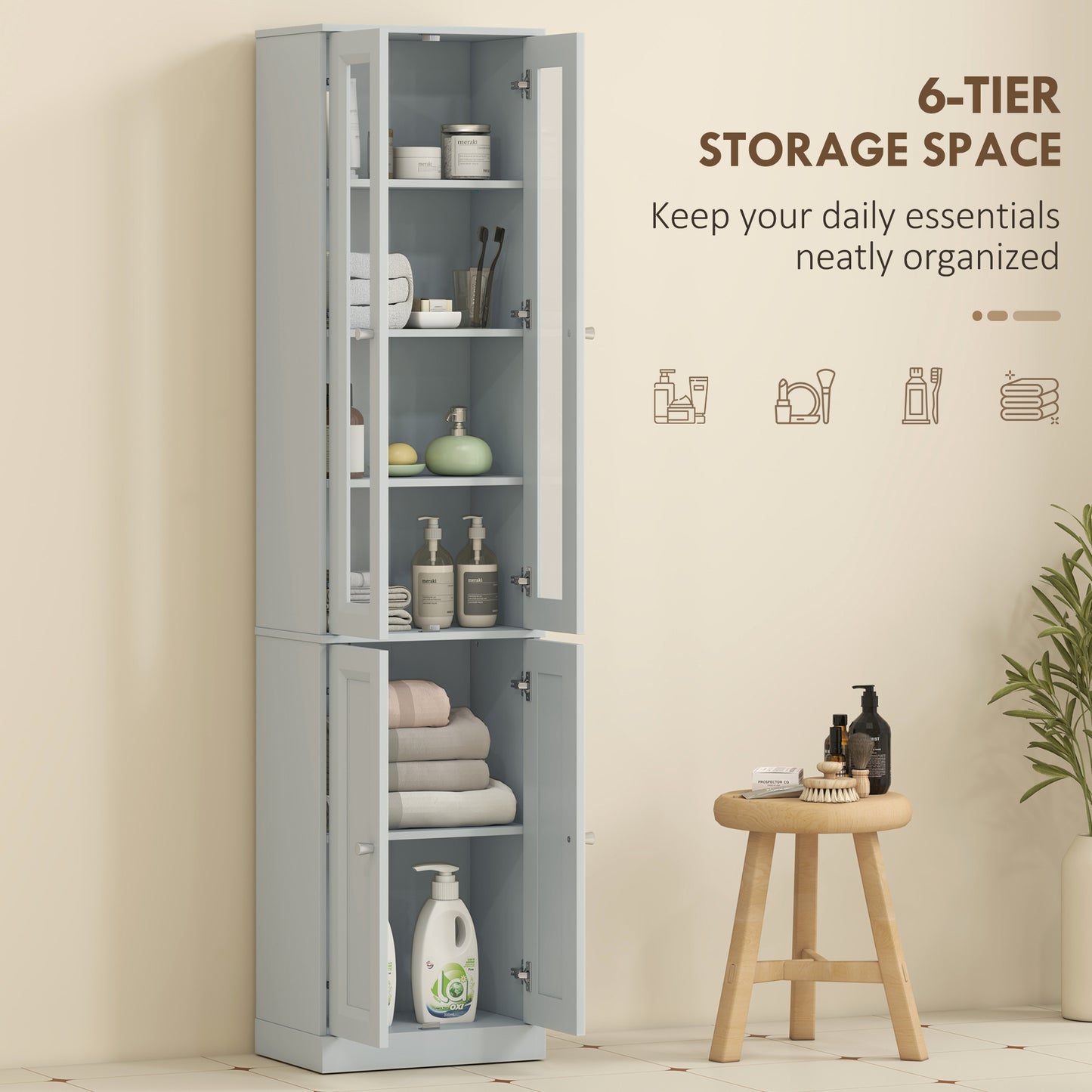 HOMCOM Tall Bathroom Storage Cabinet, 6-Tier Slim Bathroom Cabinet with Adjustable Shelf, 4 Soft-Close Doors, Dusty Blue