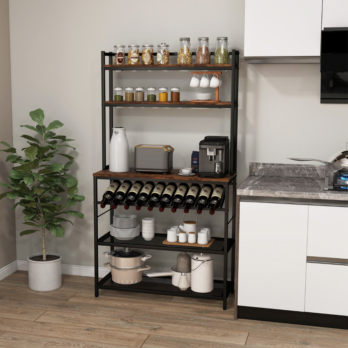 6-Tier Kitchen Baker’s Rack with Wine Storage-Brown