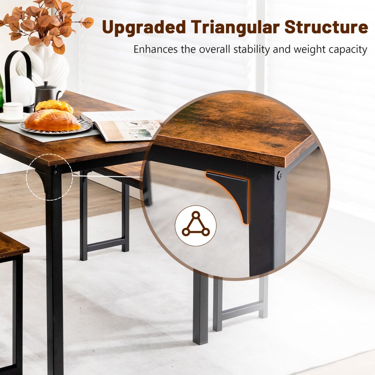 3 Pieces Space-Saving Dining Breakfast Table Set with 2 Benches-Coffee