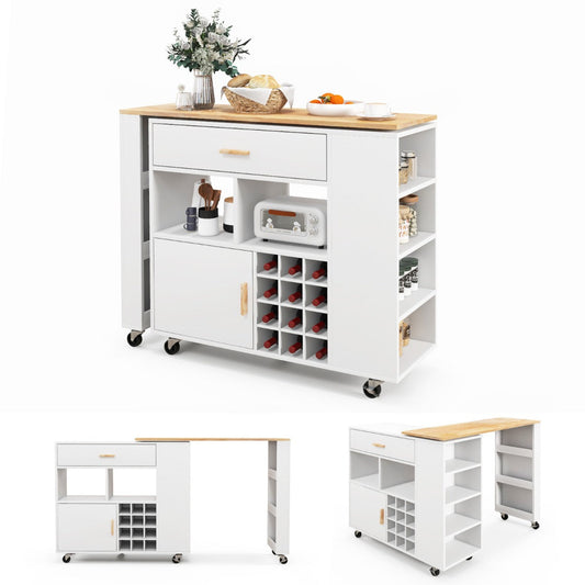 Reversible Folding Kitchen Island Cart with Wine Rack and Spice Rack