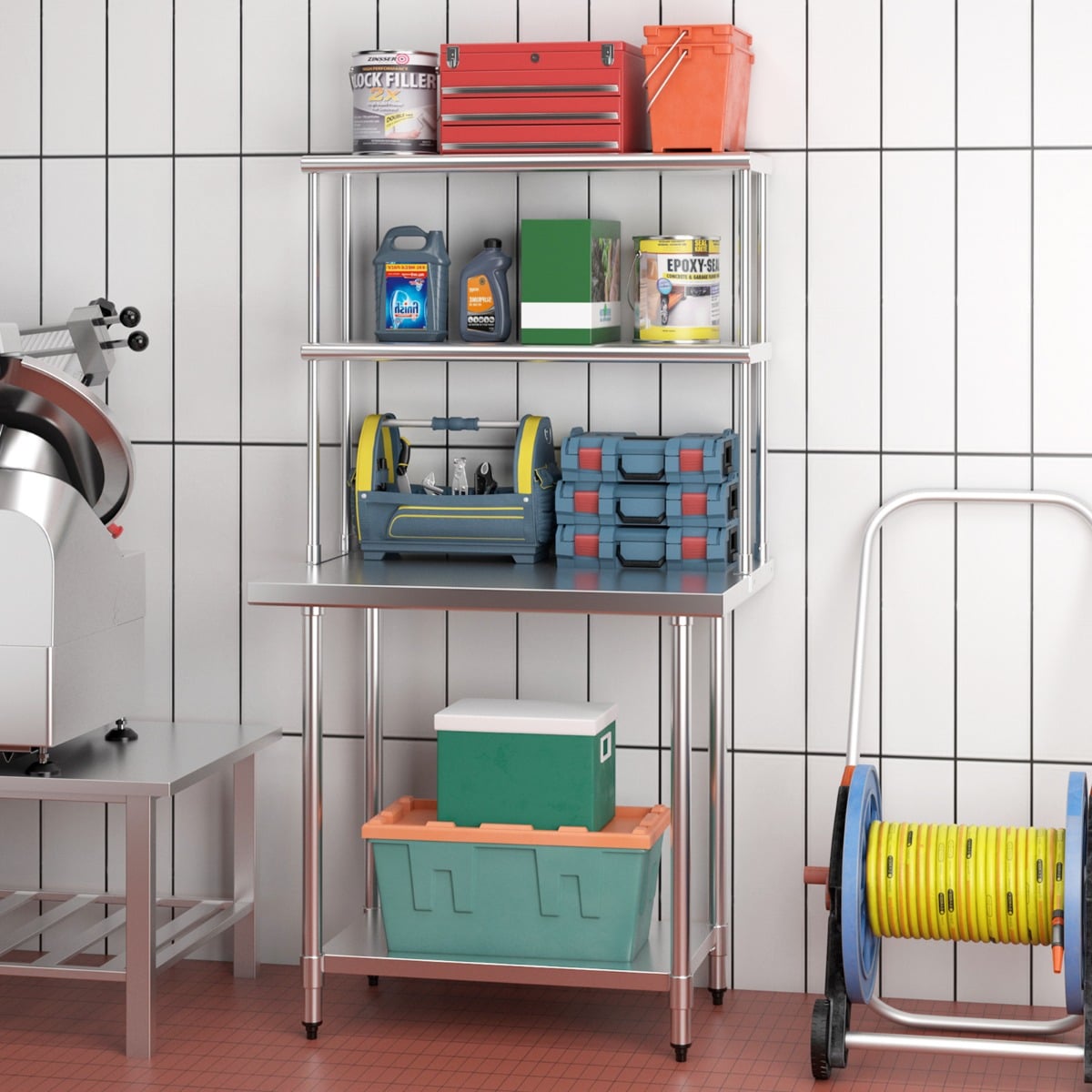 36 Inch Stainless Steel Overshelf with Adjustable Lower Shelf and Work Table