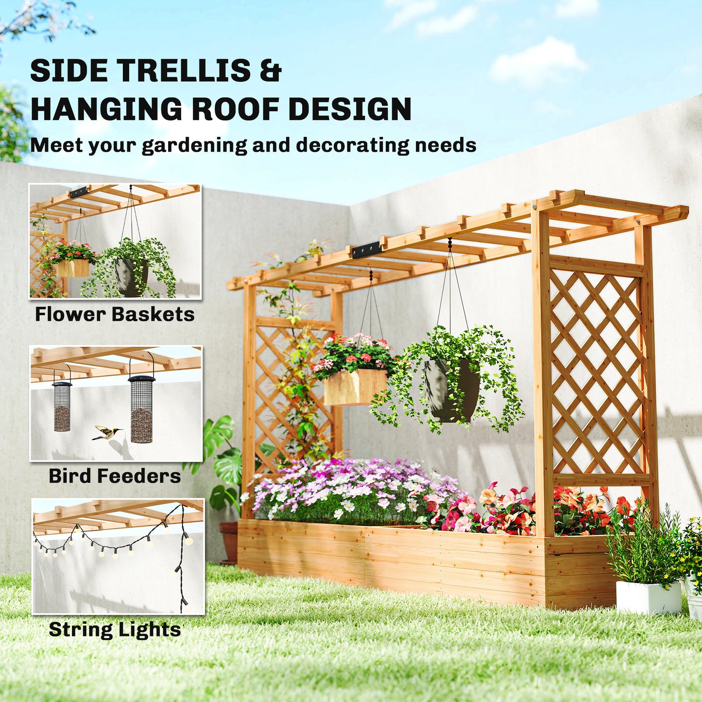 Outsunny Raised Planter with Trellis, Wooden Raised Bed for Garden with Hanging Roof and Drainage Holes, Outdoor Planter Box