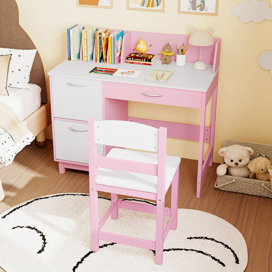 Kid's Study Desk and Chair Set with Deep Drawer and Enclosed Cabinets-Pink