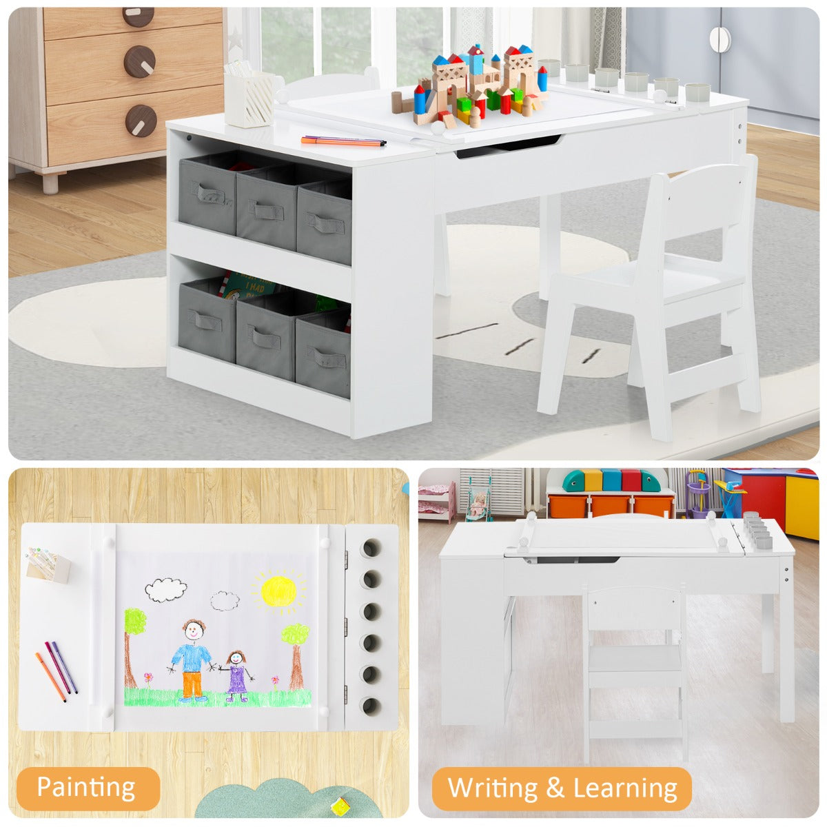 Kids Art Table and 2 Chairs Set with Paper Roll for Daycare Nursery Playroom