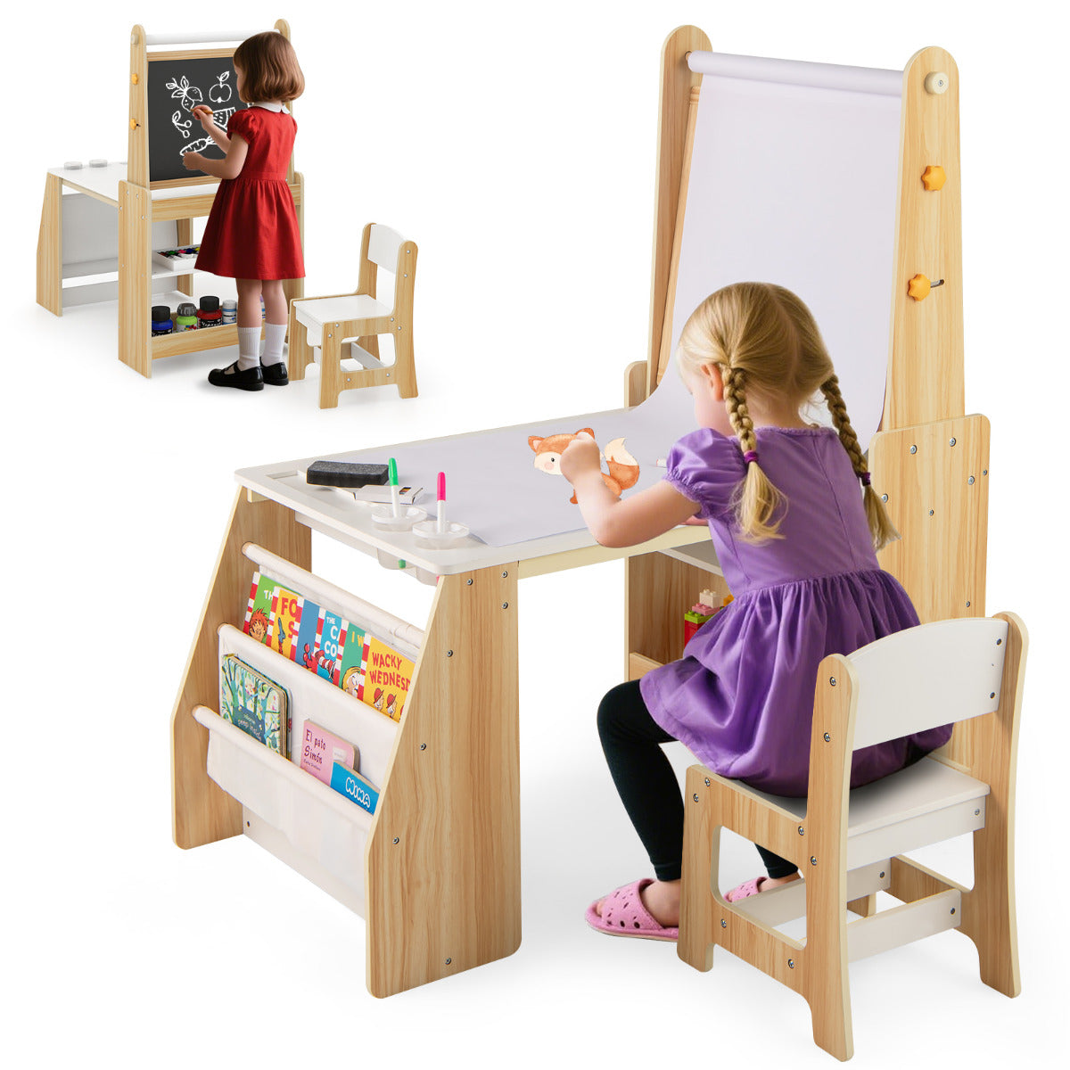 Kids Art Table and Chair Set Multifunctional Kids Activity-Natural