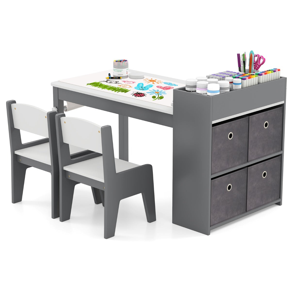 Kids Art Table and Chairs Set with Paper Roll and Storage Shelves-Grey