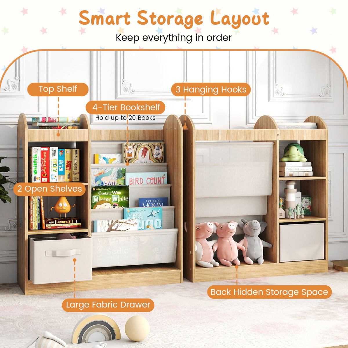 Kids Bookshelf with Full-Length Mirror and 4-Tier Sling Shelves-Natural