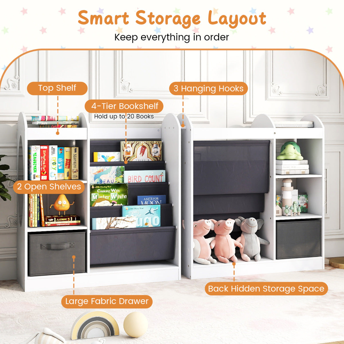 Kids Bookshelf with Full-Length Mirror and 4-Tier Sling Shelves-White