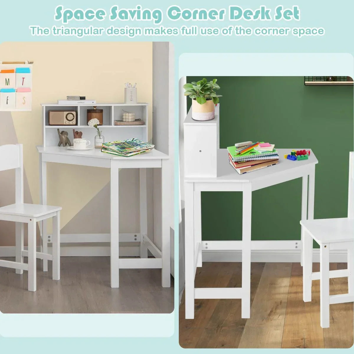 Kids Corner Desk and Chair Set with Chair and Hutch-White