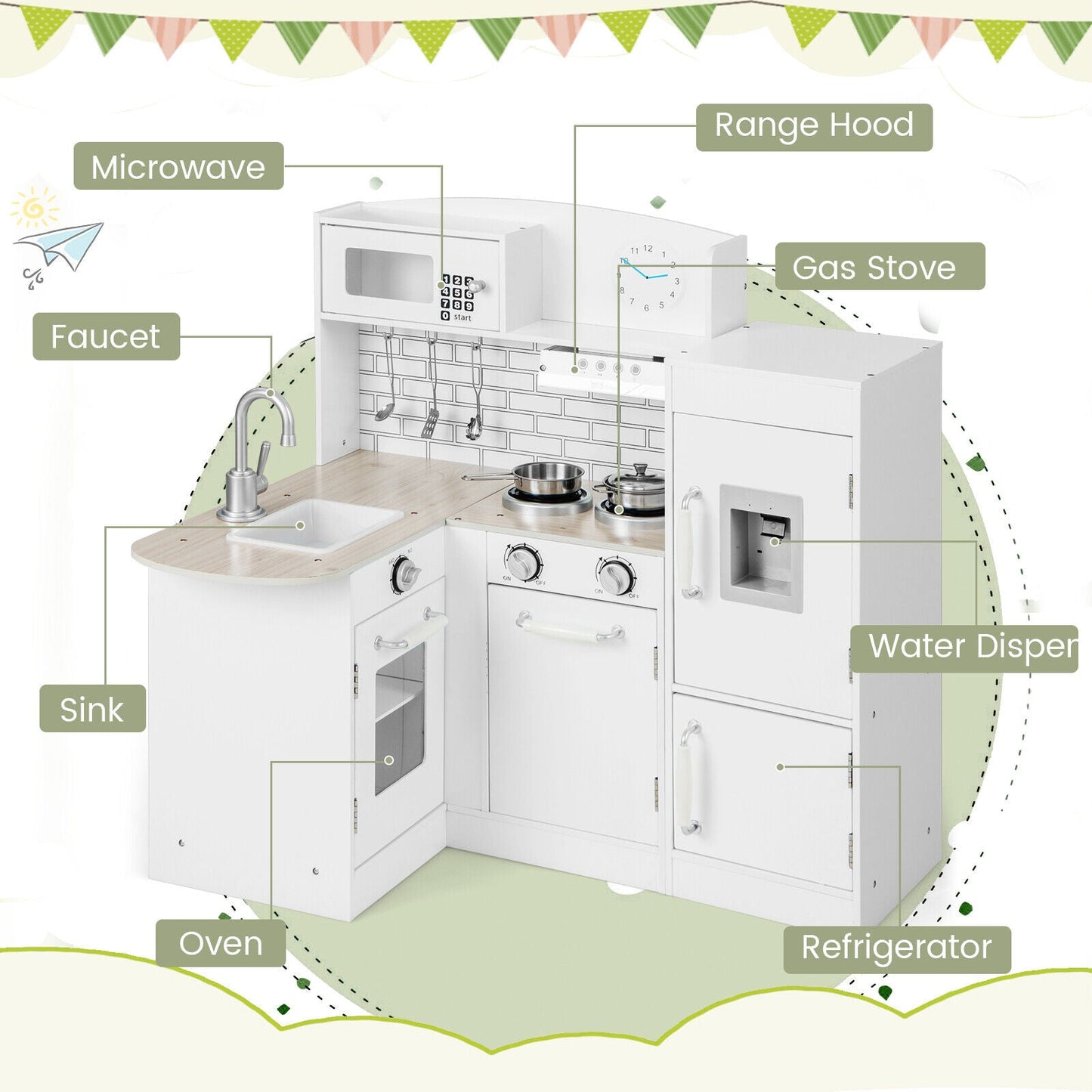 Kids Corner Kitchen Playset with Microwave and Fridge-Natural