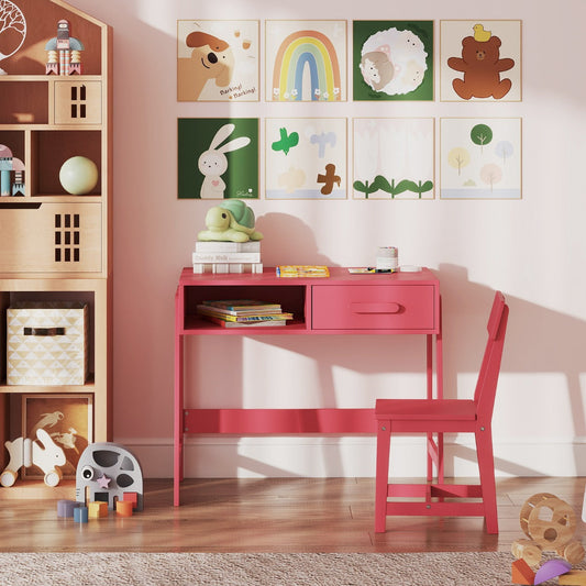Kids Desk and Chair Set with Drawer and Pine Wood Legs-Pink