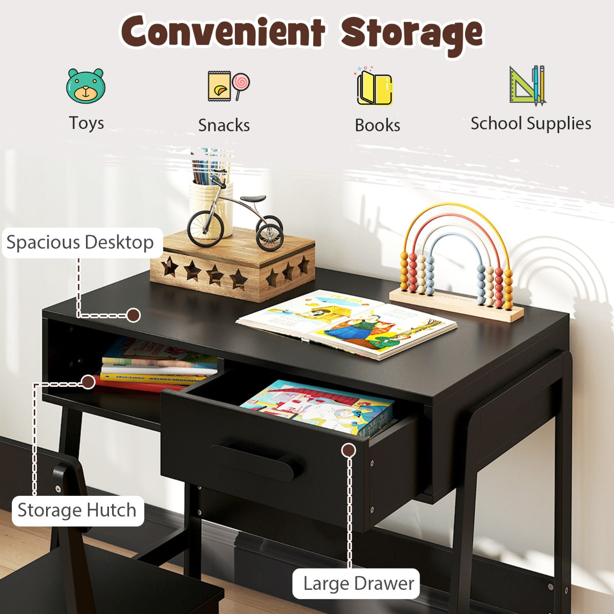Kids Desk and Chair Set with Drawer and Pine Wood Legs-Black
