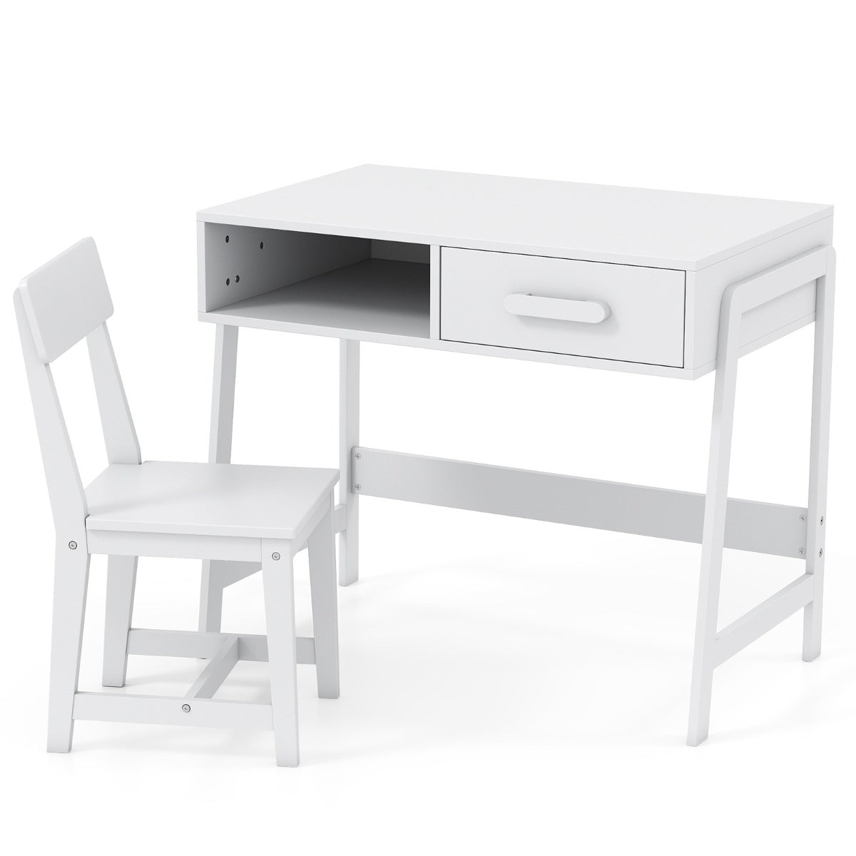 Kids Desk and Chair Set with Drawer and Pine Wood Legs-White