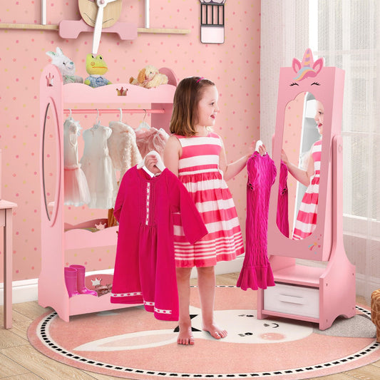 Kids Jewelry Cabinet with Full-Length Mirror and Foldable Drawer-Pink