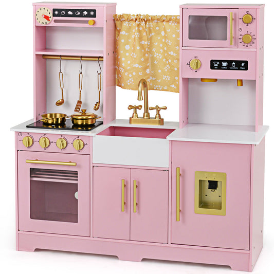 Kids Kitchen Playset with Coffee Maker and Stove Top and Golden Utensils-Pink