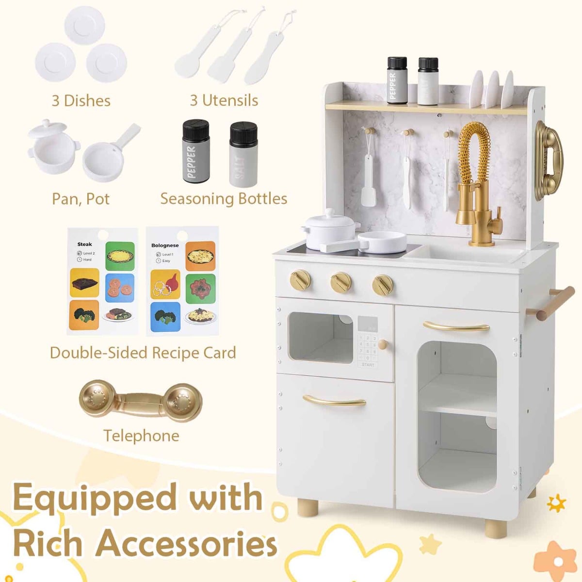 Kids Kitchen Setwith Stoves Faucet Sink Telephone Microwave and Oven-White