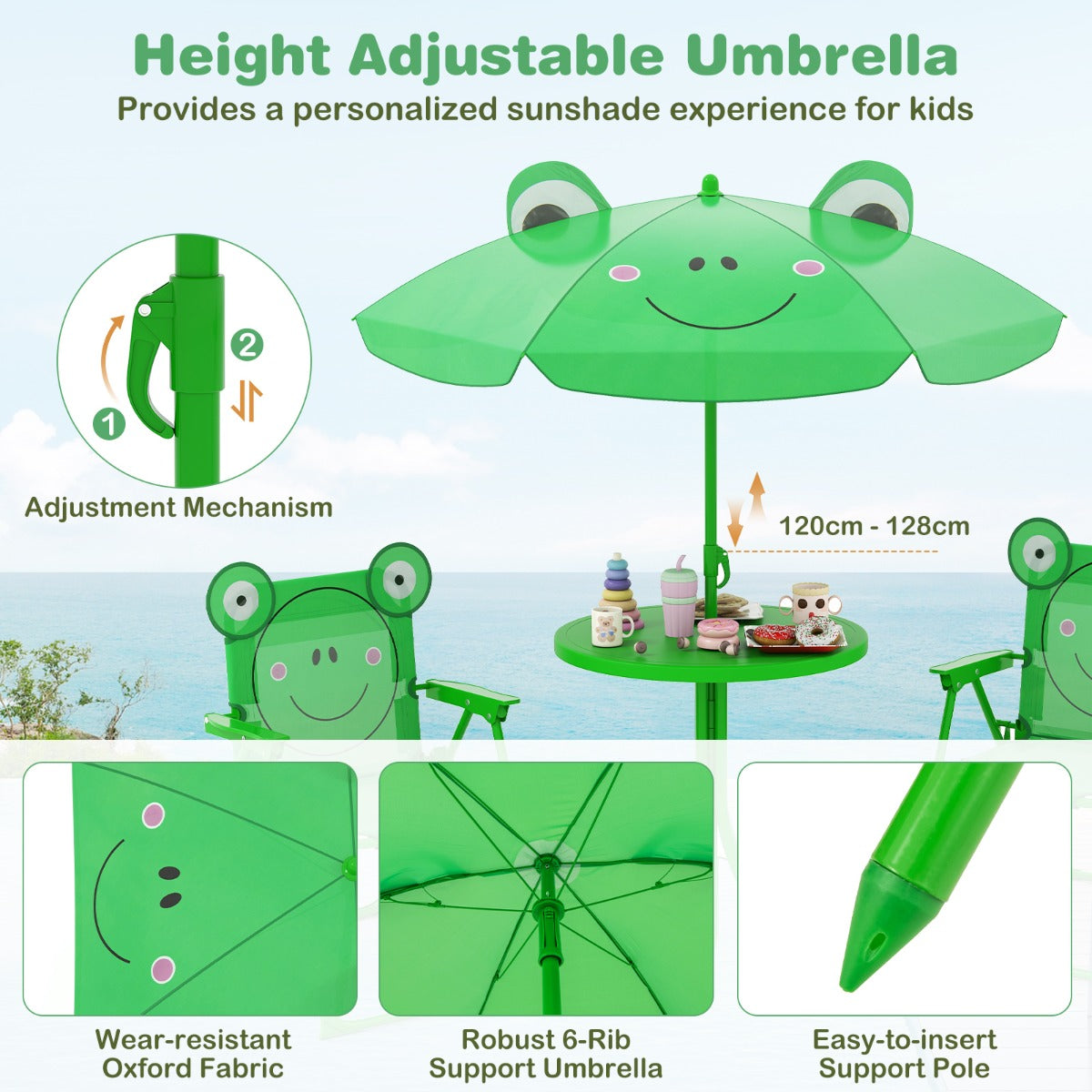 Kids Picnic Table and Chair Set with 2 Folding Chairs and Height Adjustable Umbrella-Dark Green