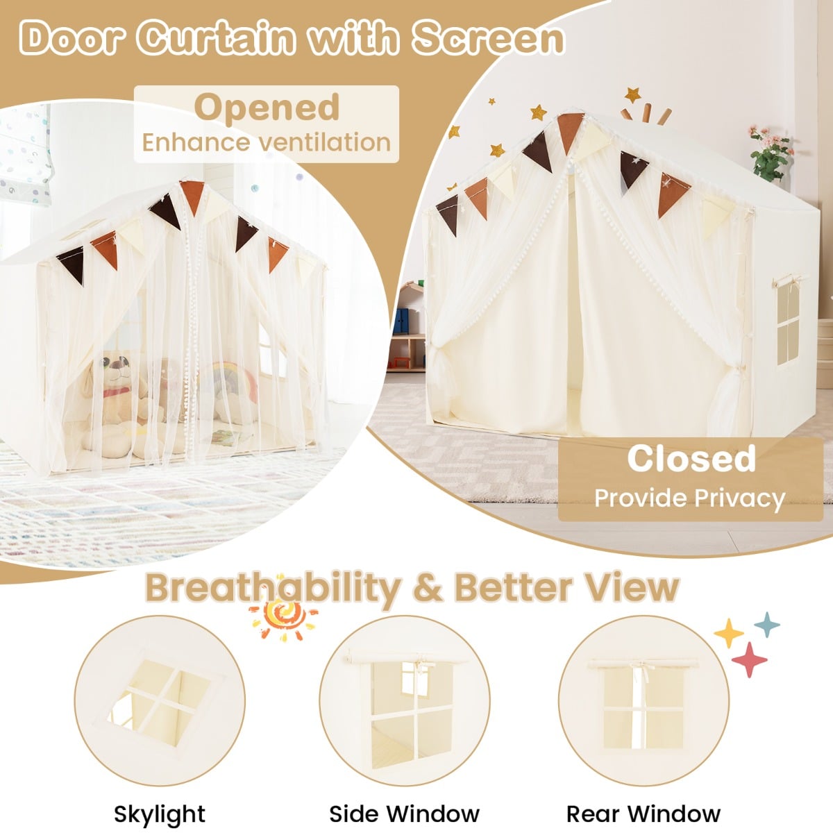 Kids Play Tent 3-4 Kids Large Play Tent House with Fabric and Screen Curtains-Beige