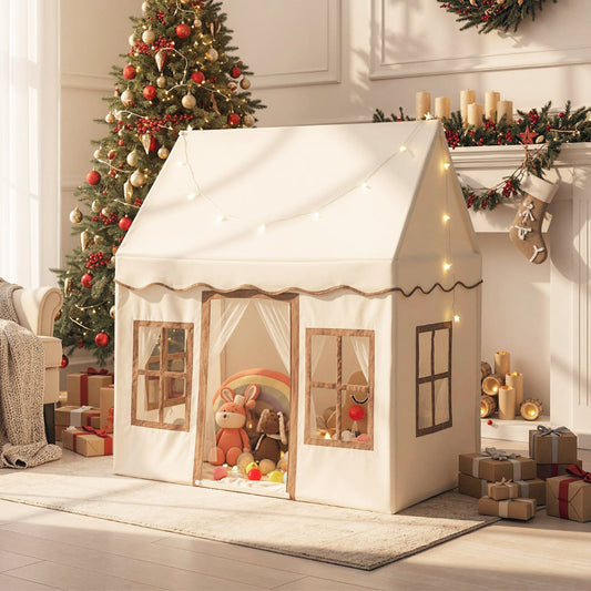 Kids Play Tent with Star Lights and Non-slip Mat-Khaki