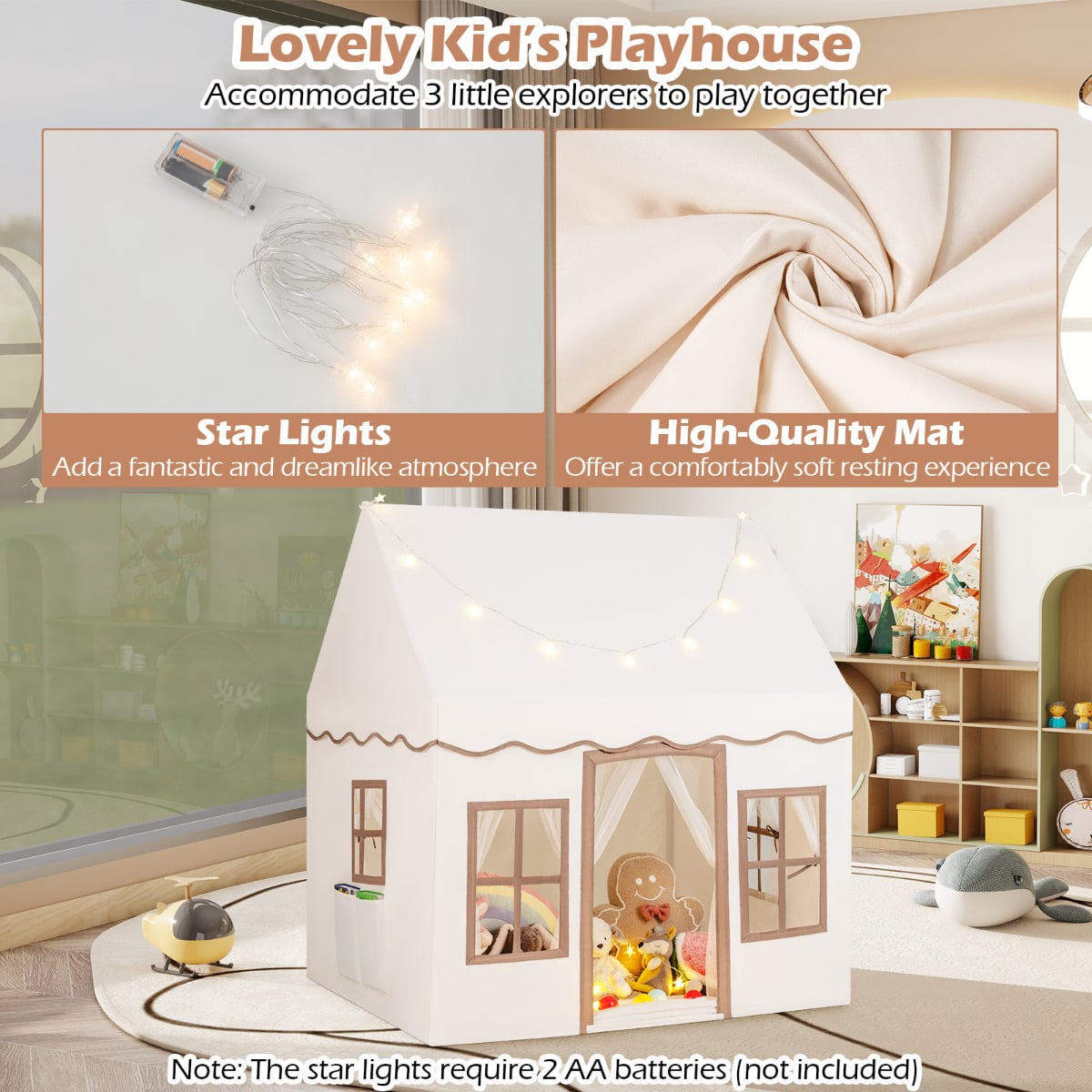 Kids Play Tent with Star Lights and Non-slip Mat-Khaki