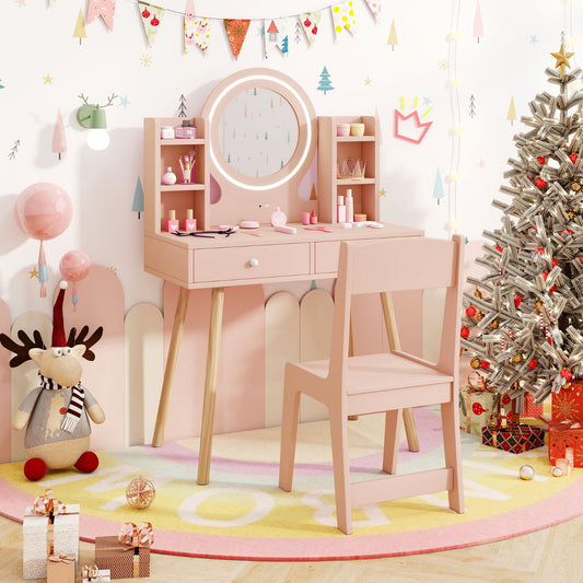 Kids Princess Vanity Desk Set with 2-Color LED Lighted Acrylic Mirror-Light Pink