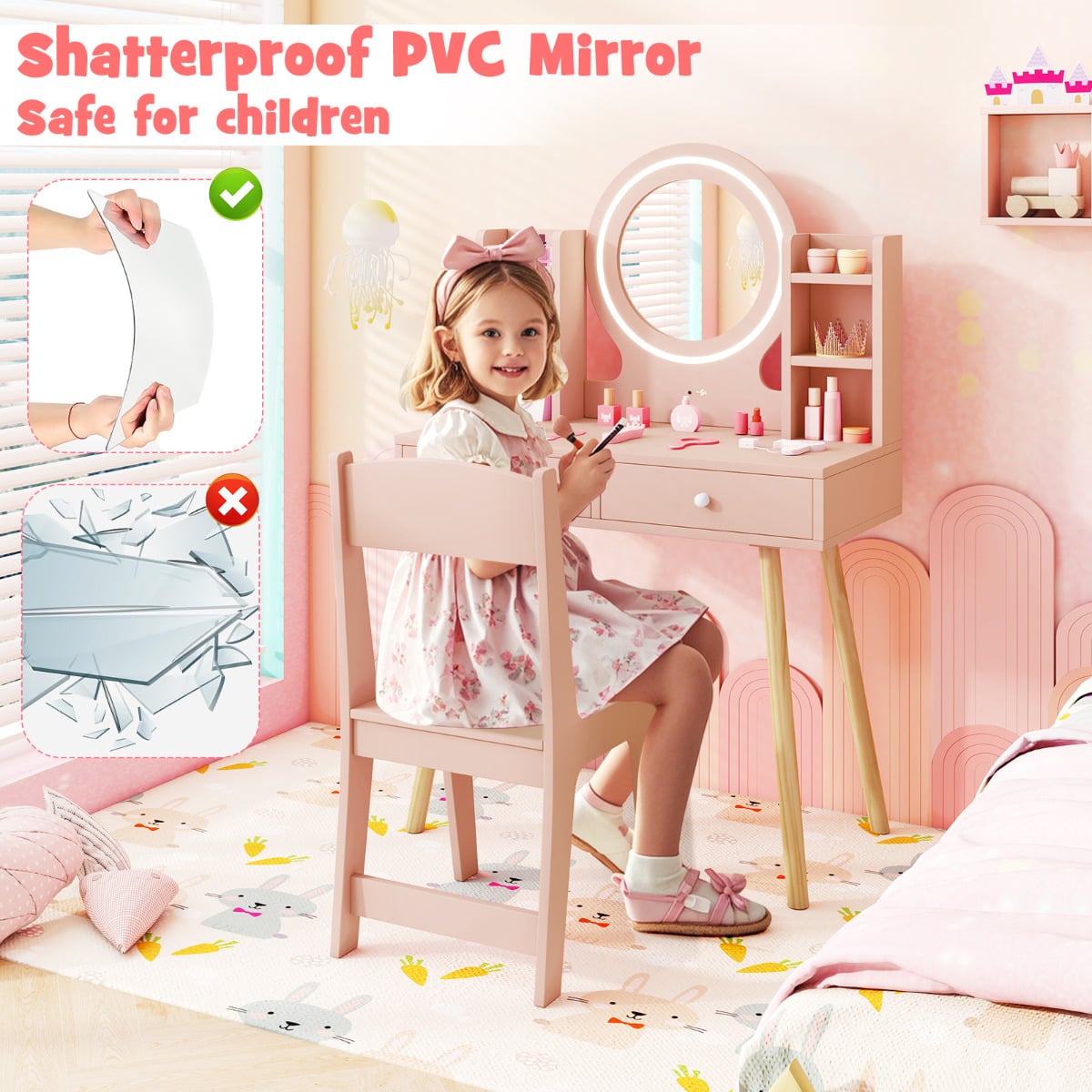 Kids Princess Vanity Desk Set with 2-Color LED Lighted Acrylic Mirror-Light Pink