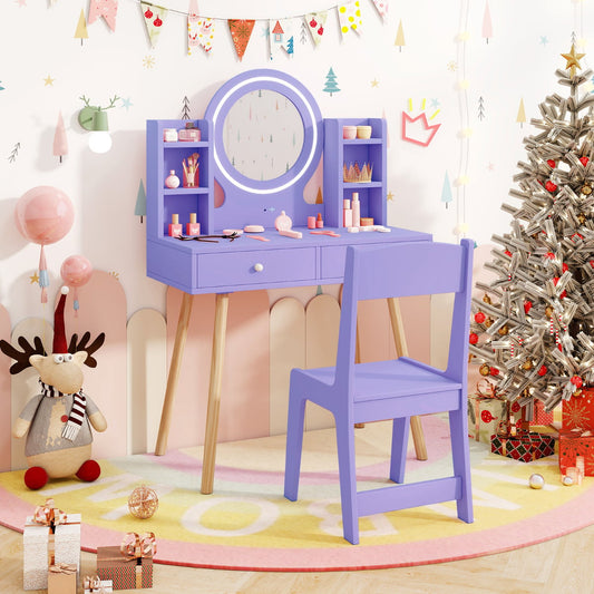 Kids Princess Vanity Desk Set with 2-Color LED Lighted Acrylic Mirror-Purple