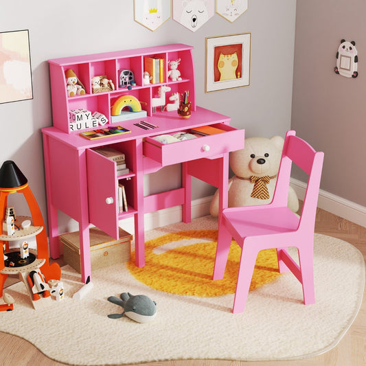Kids Study Desk and Chair Set with Hutch and Storage Cabinet-Pink