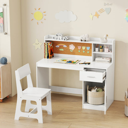 Kids Study Desk and Chair Set with Shelves and Storage Cabinet-White