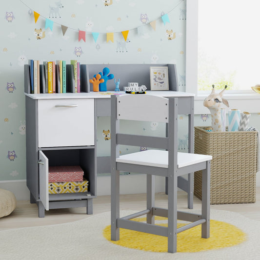 Kid's Study Desk and Chair Set with Deep Drawer and Enclosed Cabinets-Grey
