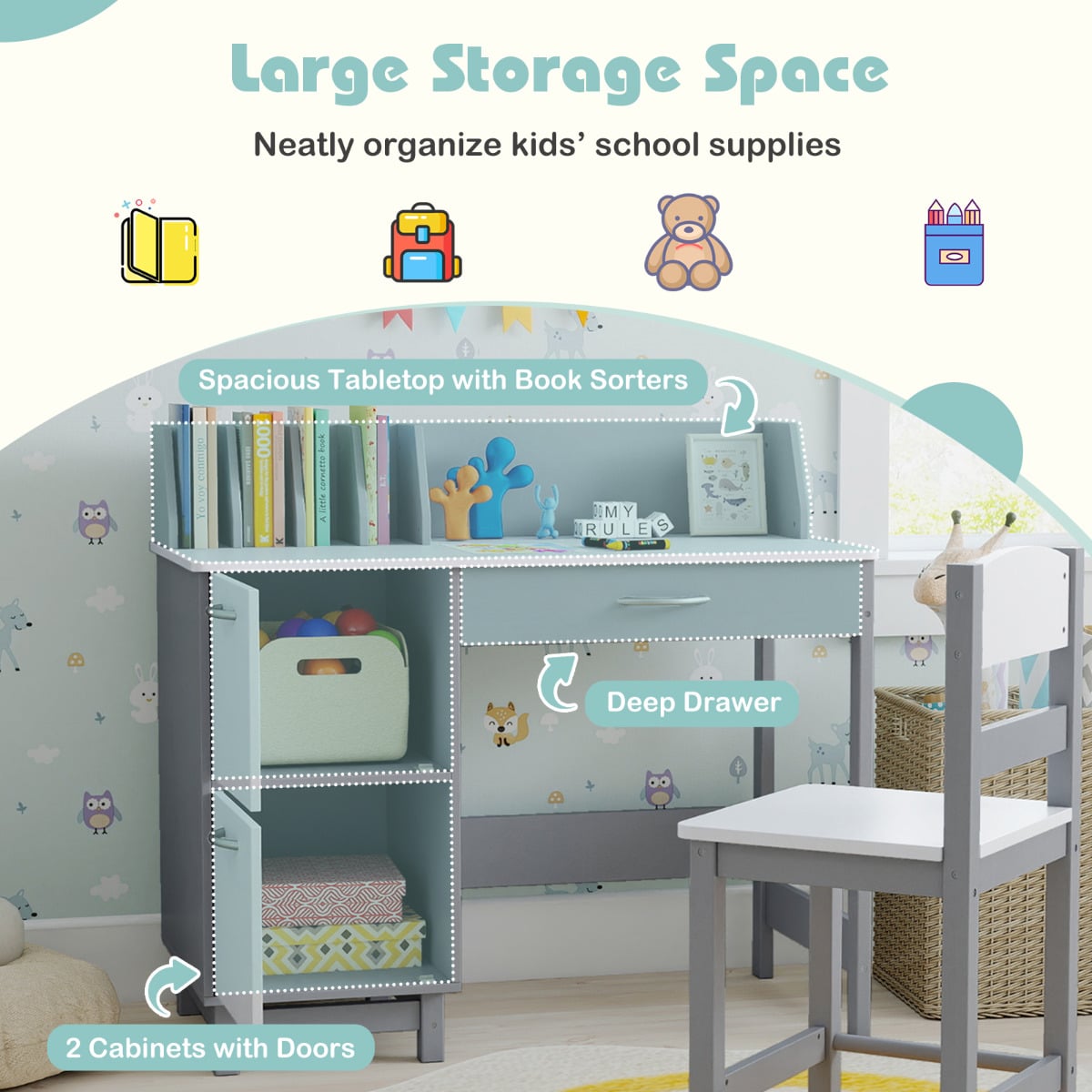 Kid's Study Desk and Chair Set with Deep Drawer and Enclosed Cabinets-Grey