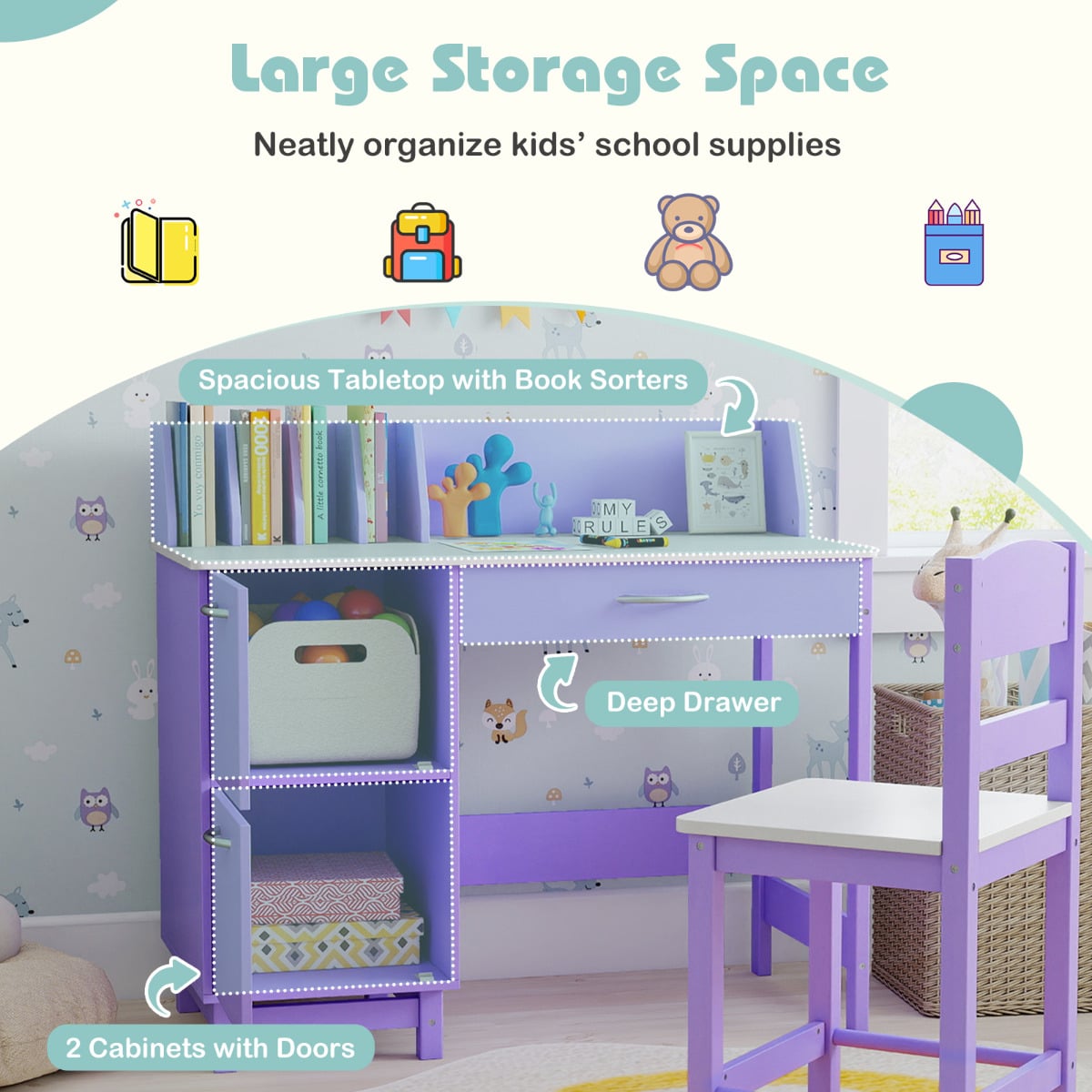 Kid's Study Desk and Chair Set with Deep Drawer and Enclosed Cabinets-Purple