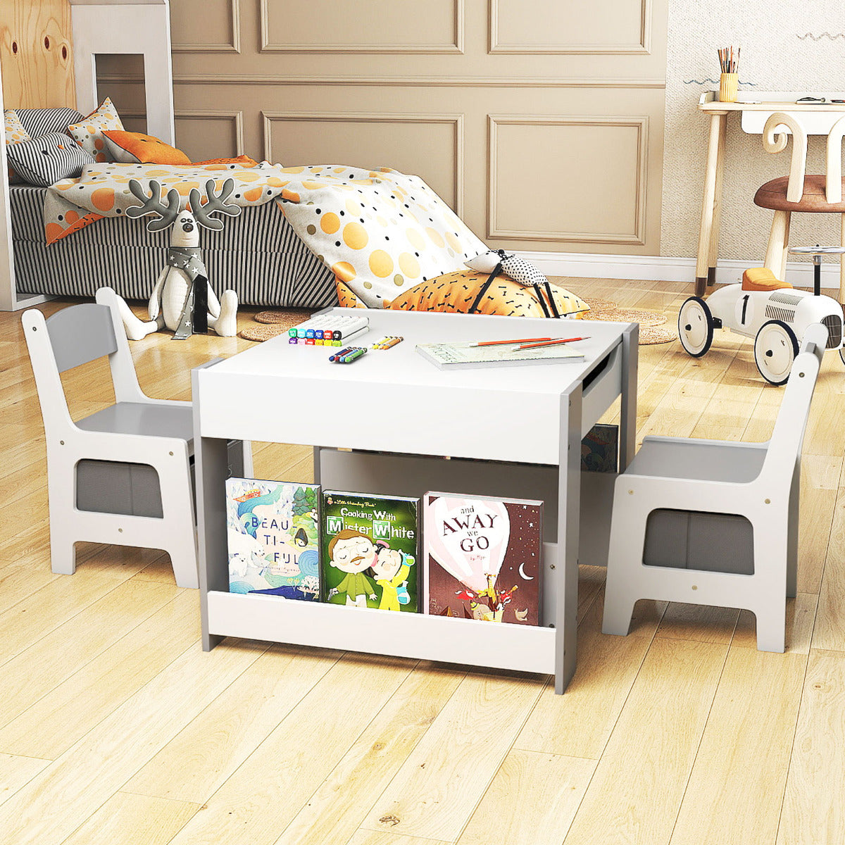 Kids Table and 2 Chairs Set Multifunctional Activity Table with Reversible Tabletop-Grey