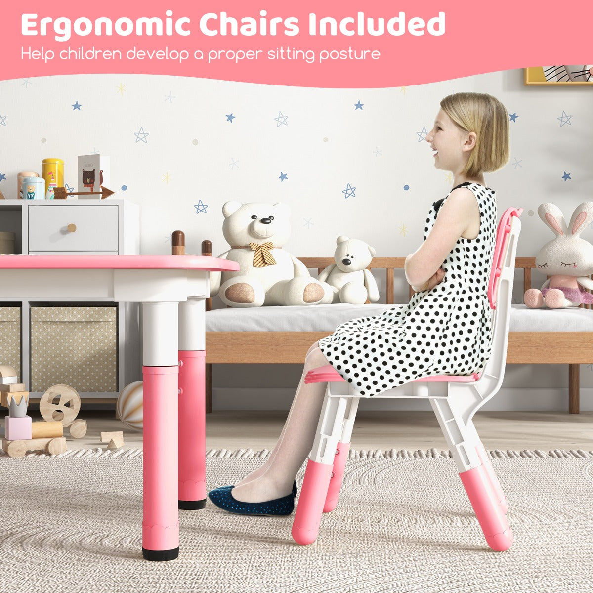 Kids Table and 4 Chairs Set with Graffiti Desktop for Home Daycare School-Pink