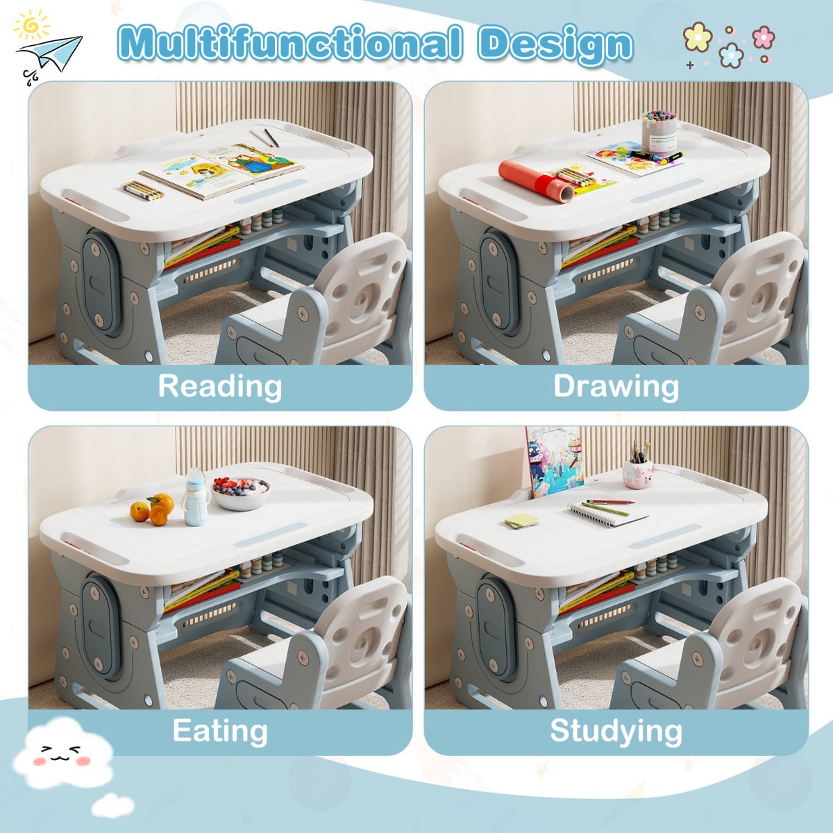 Kids Table and Chair Set with Tiltable Whiteboard and Book Stand-Blue